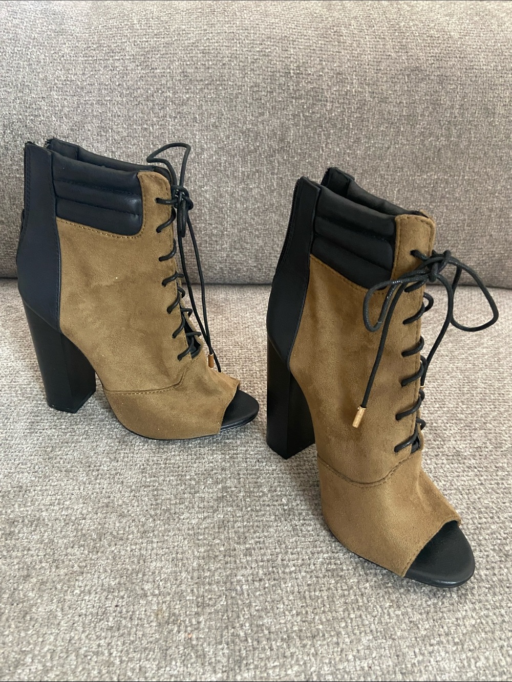 Liliana Tan and Black Suede Lace-Up Peep-Toe Ankle Booties size 6.5